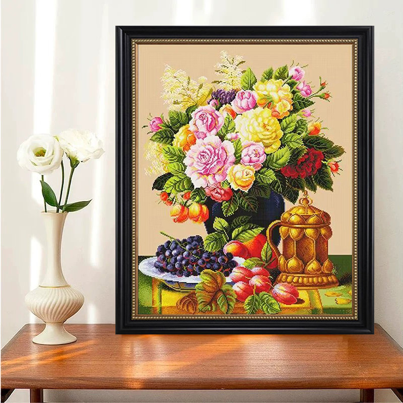 欧式花瓶十字绣群英荟萃客厅餐厅油画花卉小画大格满绣水果盛宴