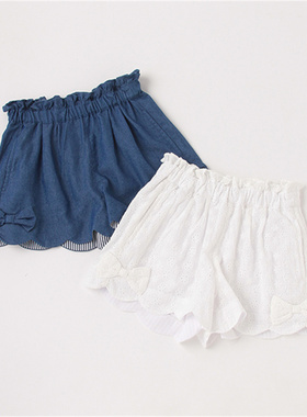 日单夏季新款mezzo piano钢琴花边短裤女宝白色刺绣牛仔裤