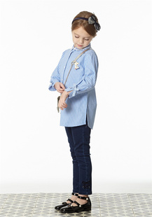 韩单BEEN条纹衬衫 饰女孩春秋洋气上衣休闲纯棉女童 天鹅珠胸针装