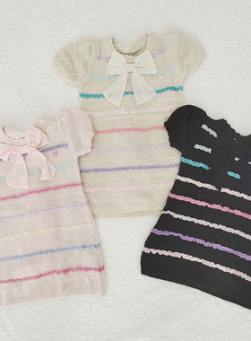 日本原单mp钢琴针织短袖连衣裙条纹蝴蝶结裙子带内搭