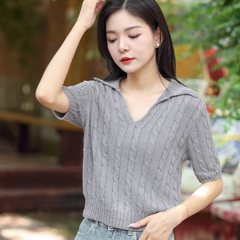 毛儿手作 云夏女士翻领麻花短袖材料包 棒针手工编织diy制作 光荫