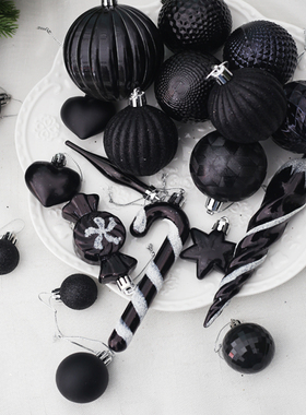 黑色圣诞球3-15cm圣诞节布置装饰品挂件圣诞橱窗吊顶装饰球