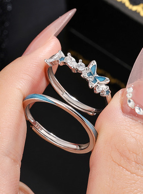 [证书+刻字]999纯银莫比乌斯夜光蝴蝶情侣戒指环小众设计发光对戒