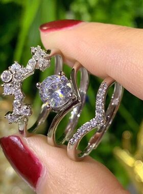 纯银皇冠三件套轻奢戒指女ins小众设计冷淡风精致锆石指环开口戒