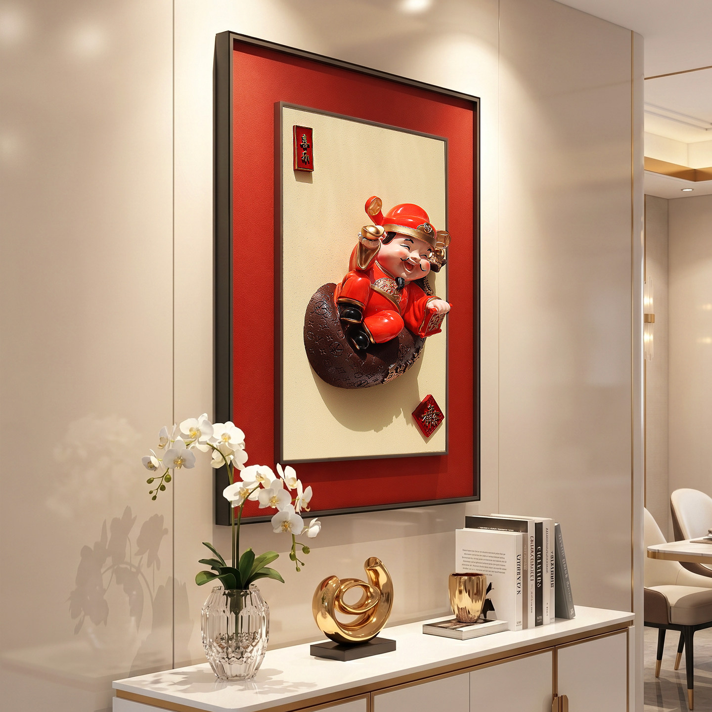 客厅壁画玄关挂画财神爷卧室床头画装饰轻奢高级感立体餐厅装饰画