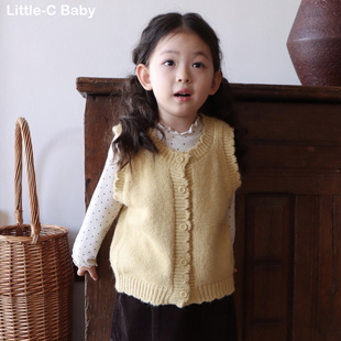 香草奶油黄~韩国女童2025秋冬新款开襟针织马甲宝宝外穿毛线坎肩