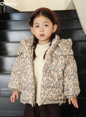 韩国女童2025秋冬新款复古高级感碎花加厚羽绒服宝宝保暖羽绒袄子