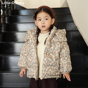 韩国女童2024秋冬新款复古高级感碎花加厚羽绒服宝宝保暖羽绒袄子