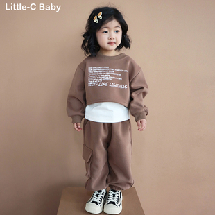 时髦叠穿~韩国女童2026春装新款宝宝纯棉卫衣+背心+卫裤三件套装