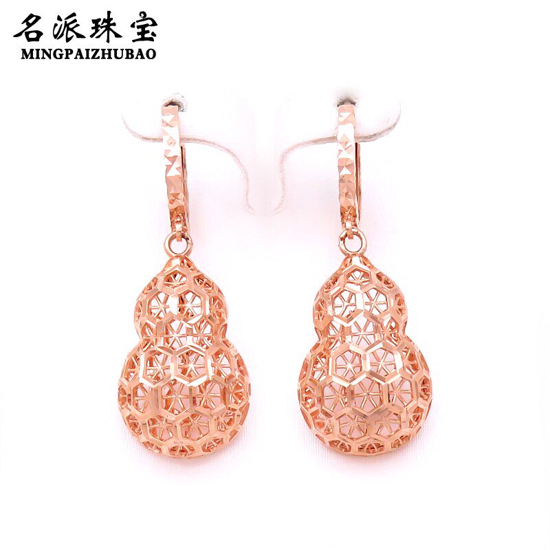 名派珠宝俄罗斯585紫金14K彩金玫瑰金耳扣气质时尚镂空葫芦耳环女