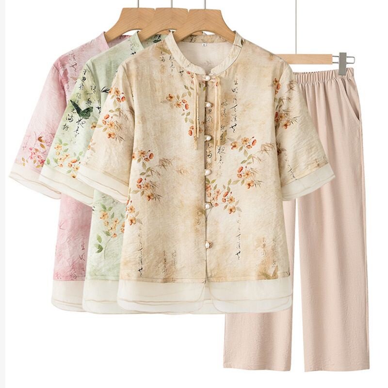 妈妈夏装上衣T恤裤子两件套2024新款中老年女新中式国风短袖套装