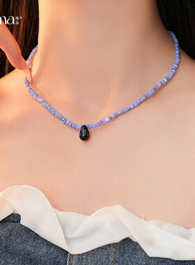 新中式蓝色贝珠串珠水滴项链个性时尚锁骨链时尚甜美高级感项饰女