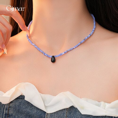 新中式蓝色贝珠串珠水滴项链个性时尚锁骨链时尚甜美高级感项饰女