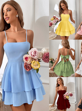 2026跨境欧美春夏季亚马逊爆款露背蝴蝶结系带短款性感吊带连衣裙