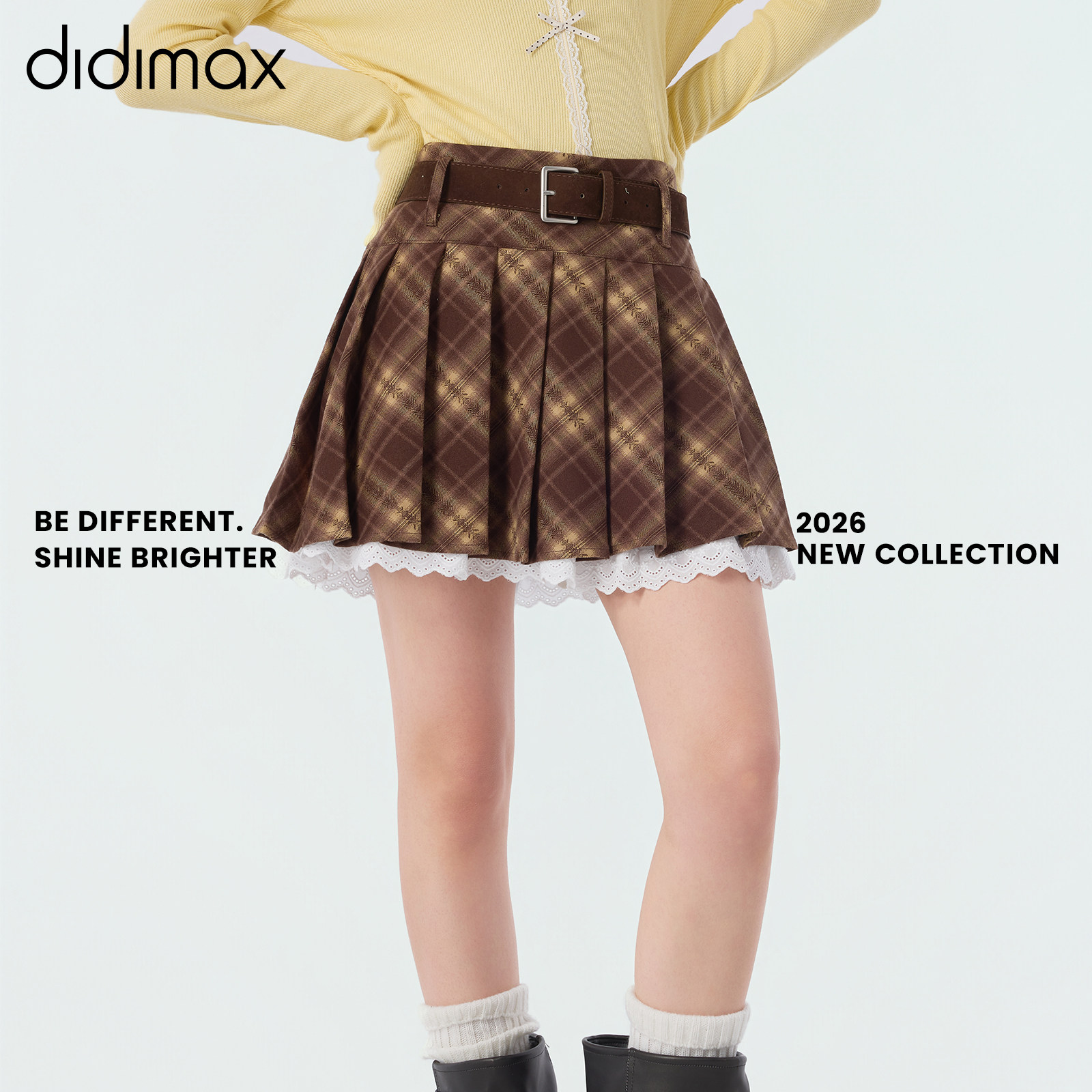 didimax春季新款百褶裙高腰格纹半身裙设计感蕾丝拼接短裙C67455,女装/女士精品,半身裙,淘宝优惠券,粉丝福利购,淘宝优惠卷