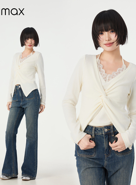 didimax冬季新款蕾丝边挂脖小衫 交叉不规则假两件女上衣W46729