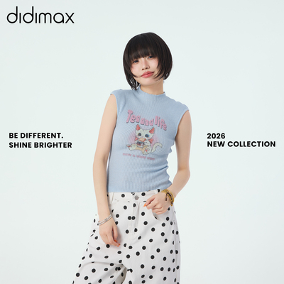 didimax夏季新款蓝色半高领套头无袖T恤衫 显白减龄上衣女28402