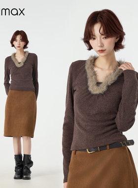 didimax冬季新款毛绒领口V领正肩修身上衣女 打底衫纯欲W46793
