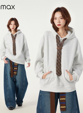 didimax冬季新款浅灰色加绒卫衣宽松净版 领带装饰连帽上衣W06263