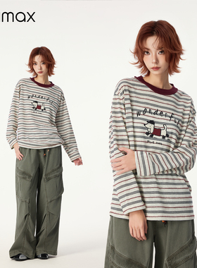 didimax冬季新款复古条纹打底衫针织领口撞色拼接长袖上衣W05686