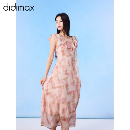 didimax夏季新款粉红优雅连衣裙A字裙长裙荷叶边甜美格纹X78564