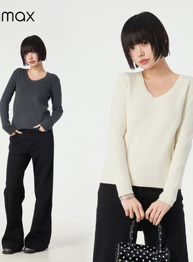 didimax冬季新款磨毛大U领口休闲打底衫女 竖纹针织衫长袖W46613