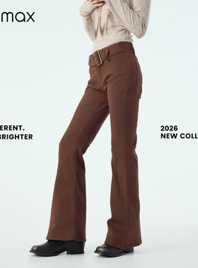 didimax春季新款微喇红棕色休闲裤 宽腰带显瘦长裤女 摩登C57315