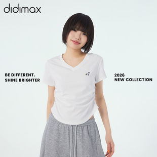 didimax夏季新款V领掐腰短袖 百搭休闲T恤修身 纯色女装X07851