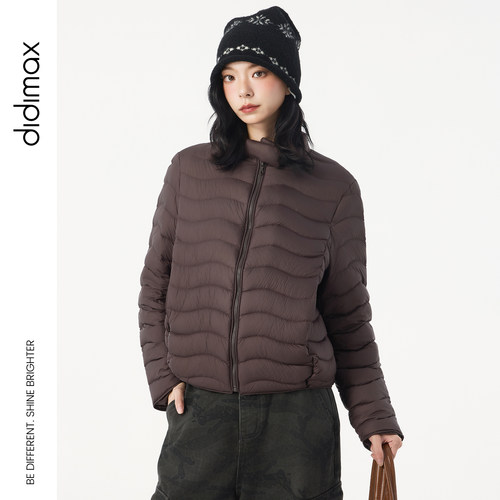 didimax冬季新款咖色排骨立领羽绒服90鸭绒保暖短款外套女W30792