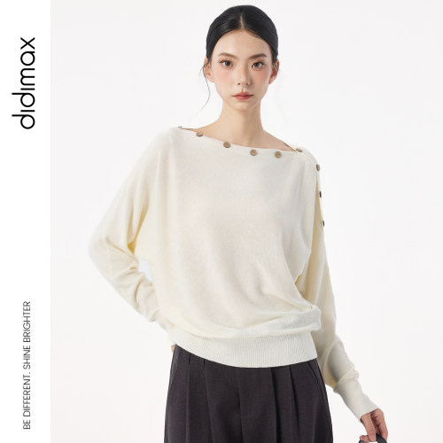 didimax冬季新款白色一字领纽扣针织衫 淑女风文艺女上衣 W21024