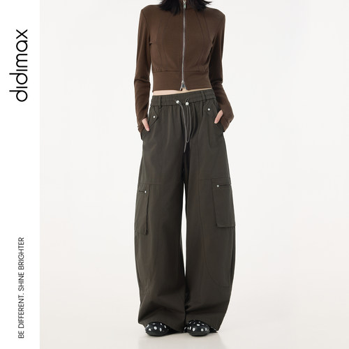 didimax秋季新款灰色松紧腰弯刀工装裤大口袋松紧弹力女裤Q50505
