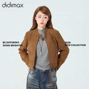 didimax春季新款麂皮立领正肩短款外套 修身夹克机车服女C37290