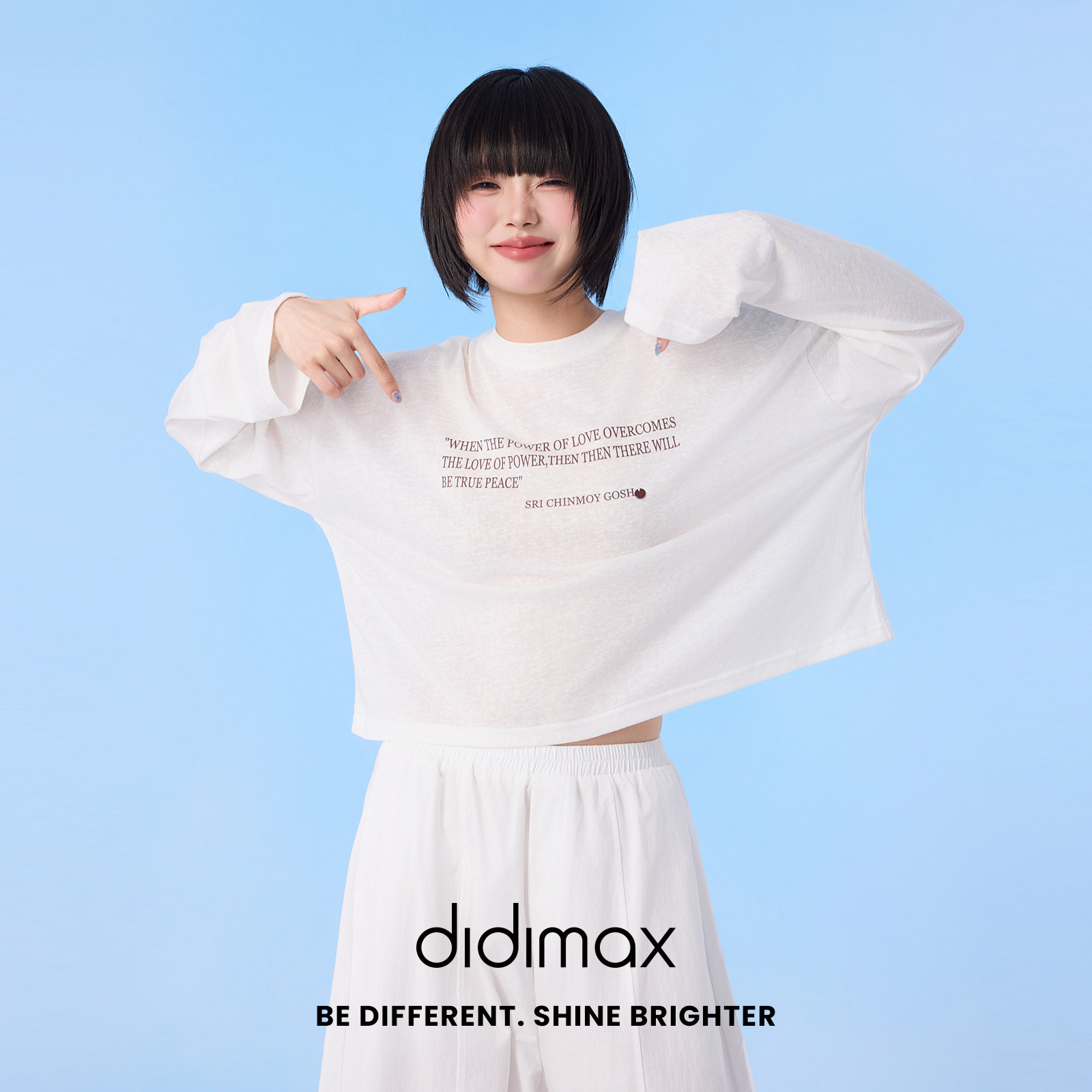 didimax夏季新款白色宽松长袖雪纺衫 字母印花女装 圆领X48616