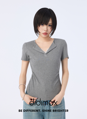 didimax夏季新款灰色T恤 蕾丝短袖 翻领修身简约上衣 女X48582