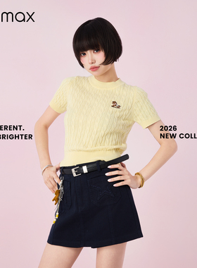 didimax春季新款黄色圆领套头女装短袖 针织衫扭花短款C27772