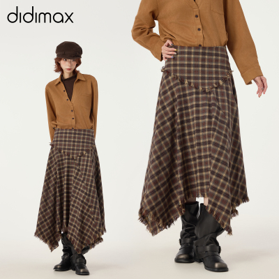 didimax冬季新款咖啡格子半身裙 不规则复古长裙女毛边设计W66217
