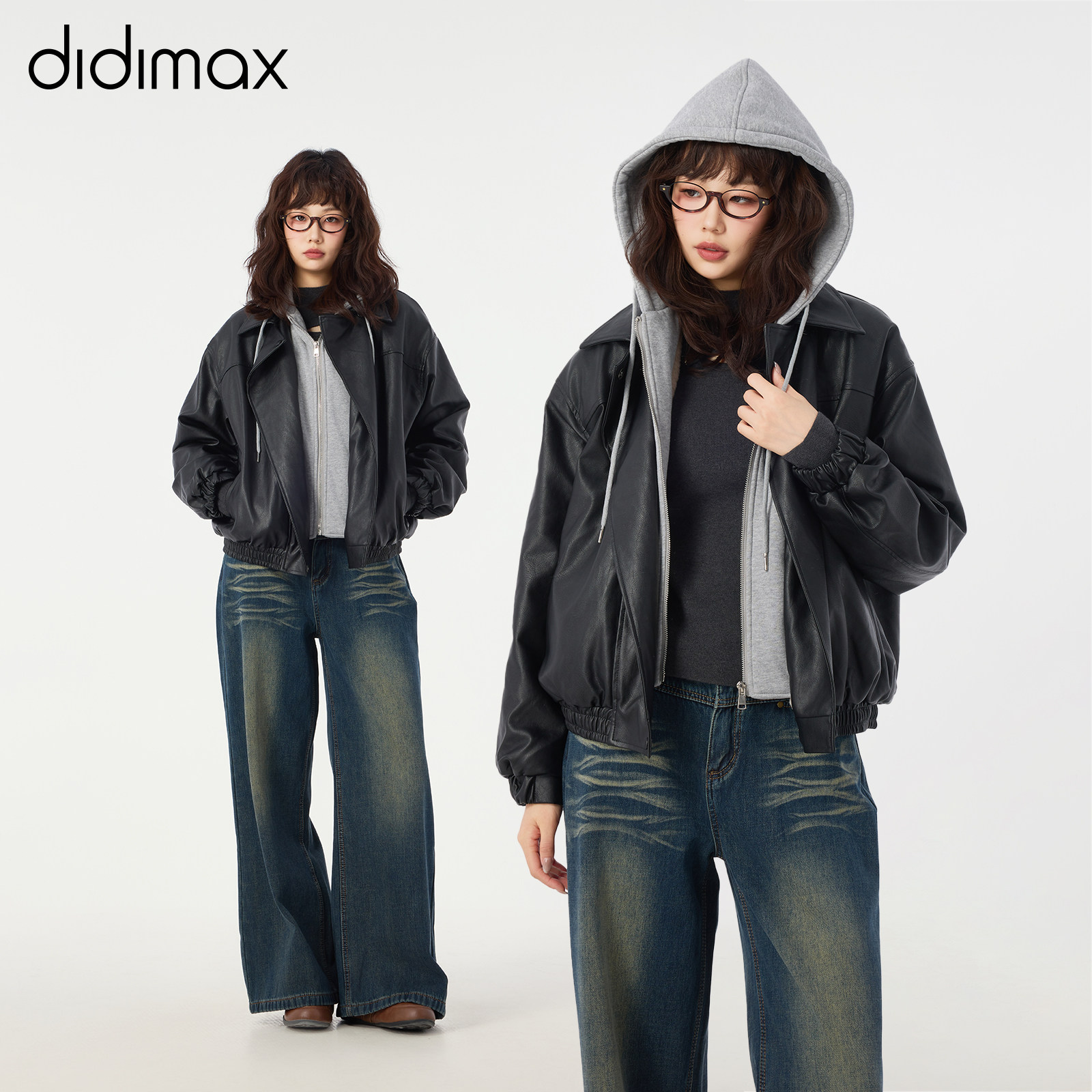 didimax冬季新款黑色皮衣加绒 pu皮黑色夹克外套 连帽拼接W36464,女装/女士精品,短外套,淘宝优惠券,粉丝福利购,淘宝优惠卷