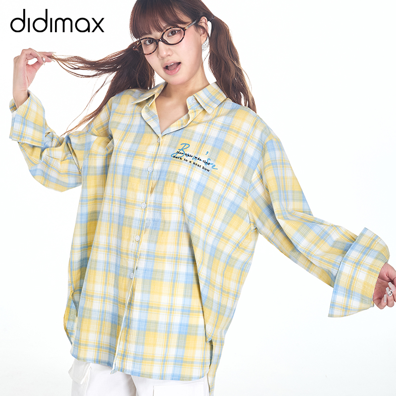 didimax夏季新款黄蓝格子衬衫美式复古宽松大版衬衣女上衣X12944