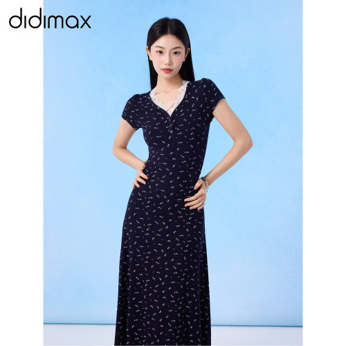 didimax夏季新款藏青色蕾丝拼接连衣裙 法式V领碎花长裙X78291