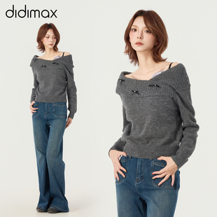 蝴蝶结装 灰色一字肩毛衣 饰大翻领女上衣W26120 新款 didimax冬季