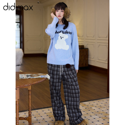 didimax冬季新款蓝色毛衣 小熊针织上衣女慵懒随性 套头W26350