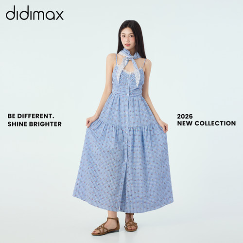 didimax夏季新款浅蓝格纹A字裙碎花吊带连衣裙 同款头巾女X78033