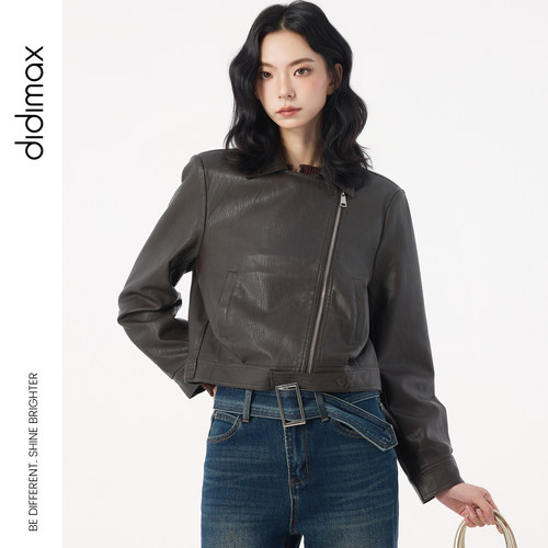 didimax秋季新款咖色短款皮衣 正肩女夹克 挡风机车服pu皮Q30708