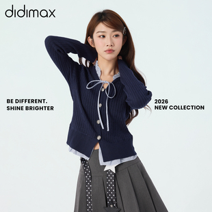 didimax春季新款藏青色长袖假两件 套头女装针织开衫修身C27517