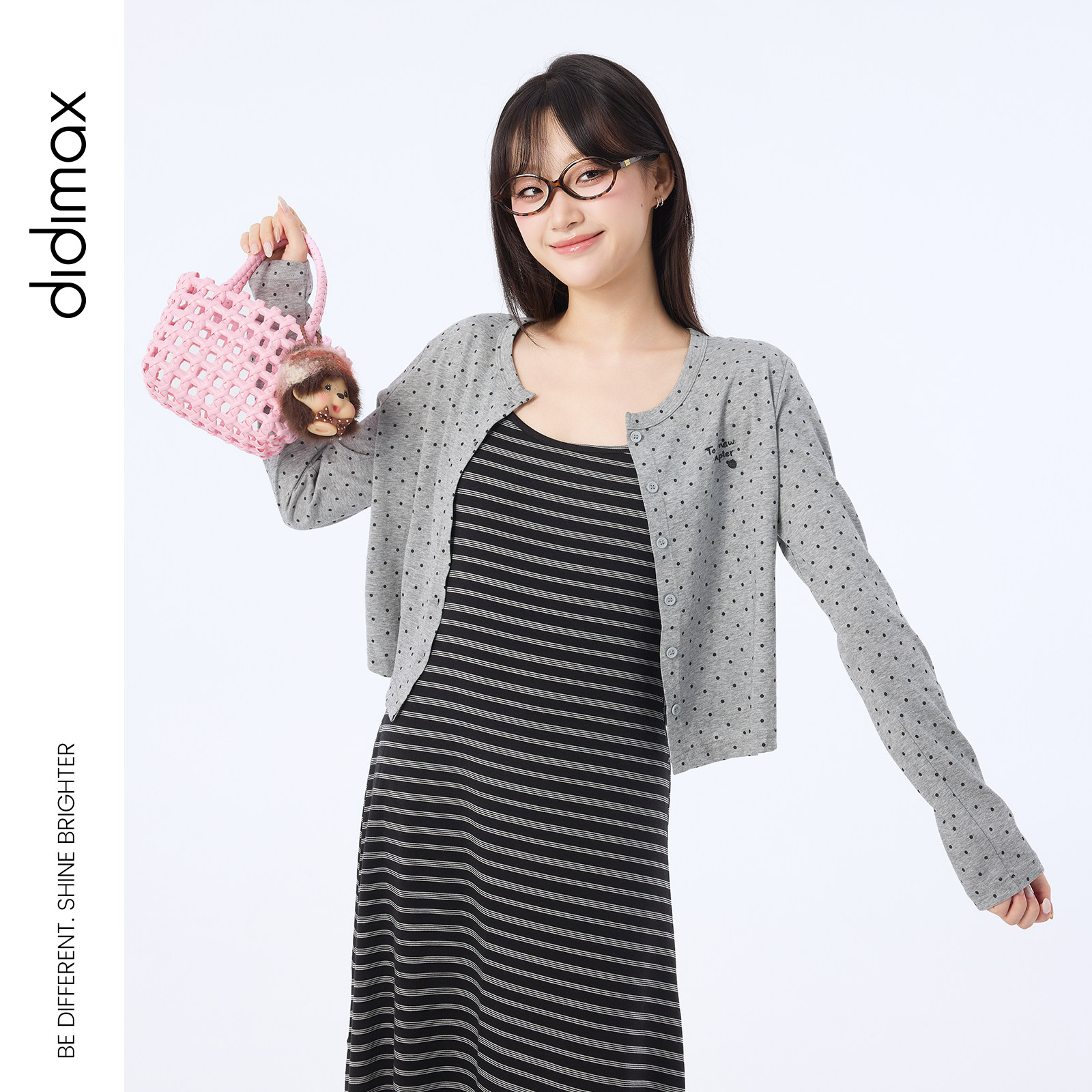 didimax秋季新款灰色波点长袖外搭 休闲风开衫短外套女装Q39870图片