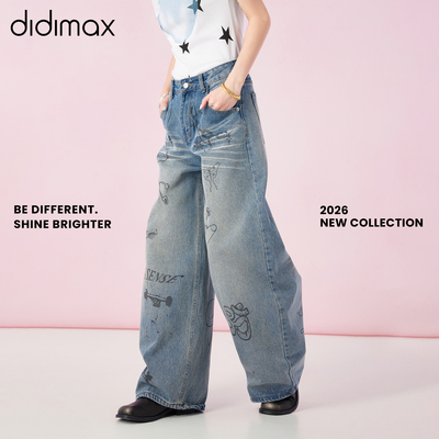 didimax春季新款线条印花阔腿牛仔裤 宽松涂鸦印花长裤子C57668