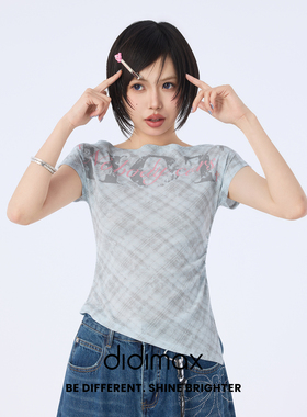 didimax夏季新款蓝色格纹一字领短袖 修身型T恤甜美风X48737