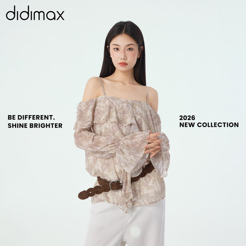 didimax夏季新款杏色荷叶边雪纺衫 吊带露肩长袖甜美风X48319