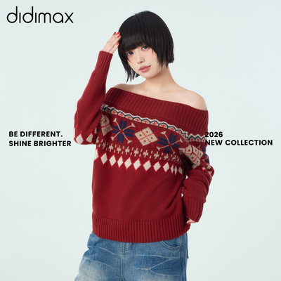 didimax春季新款红色几何新年出片毛衣 长袖针织上衣一字肩C27010