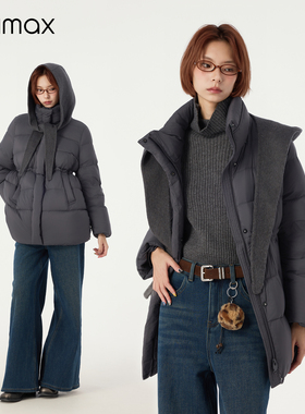 didimax冬季新款深灰色鸭绒90羽绒服 收腰中款外套女连帽W36406